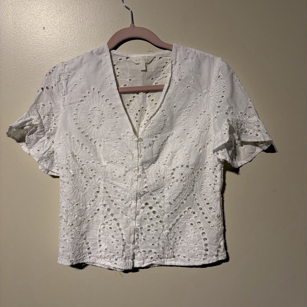 ADIVA White Eyelet Lace Flutter Sleeve Top sz S Boho Cottage Romantic Festival